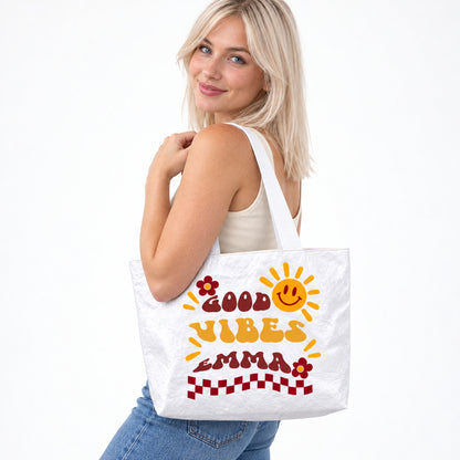 Personalized Retro Sunshine Tote Bag with Three Custom Text Lines - gift and everyday carry scene