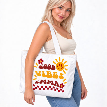 Personalized Retro Sunshine Tote Bag with Three Custom Text Lines - outfit and styling view