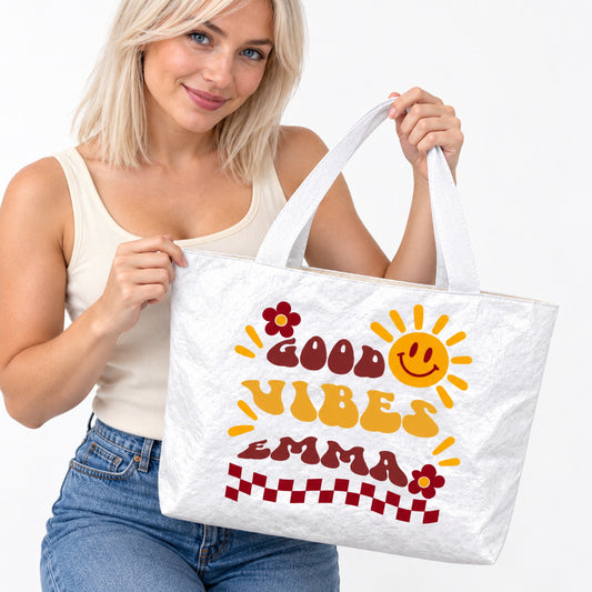 Personalized Retro Sunshine Tote Bag with Three Custom Text Lines - personalization detail view