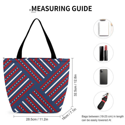 Personalized Tote Bag size guide, measures 32.5cm tall; Reusable Grocery Bag capacity.