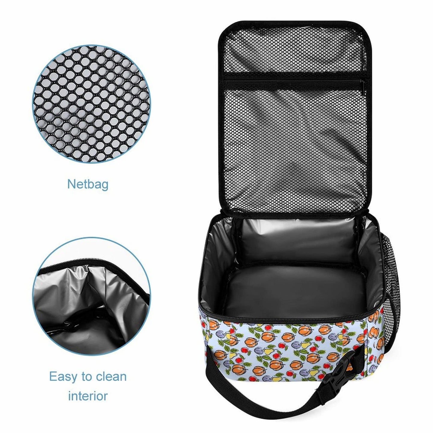 Reusable Insulated Lunch Box open view, showing the easy-to-clean interior lining.
