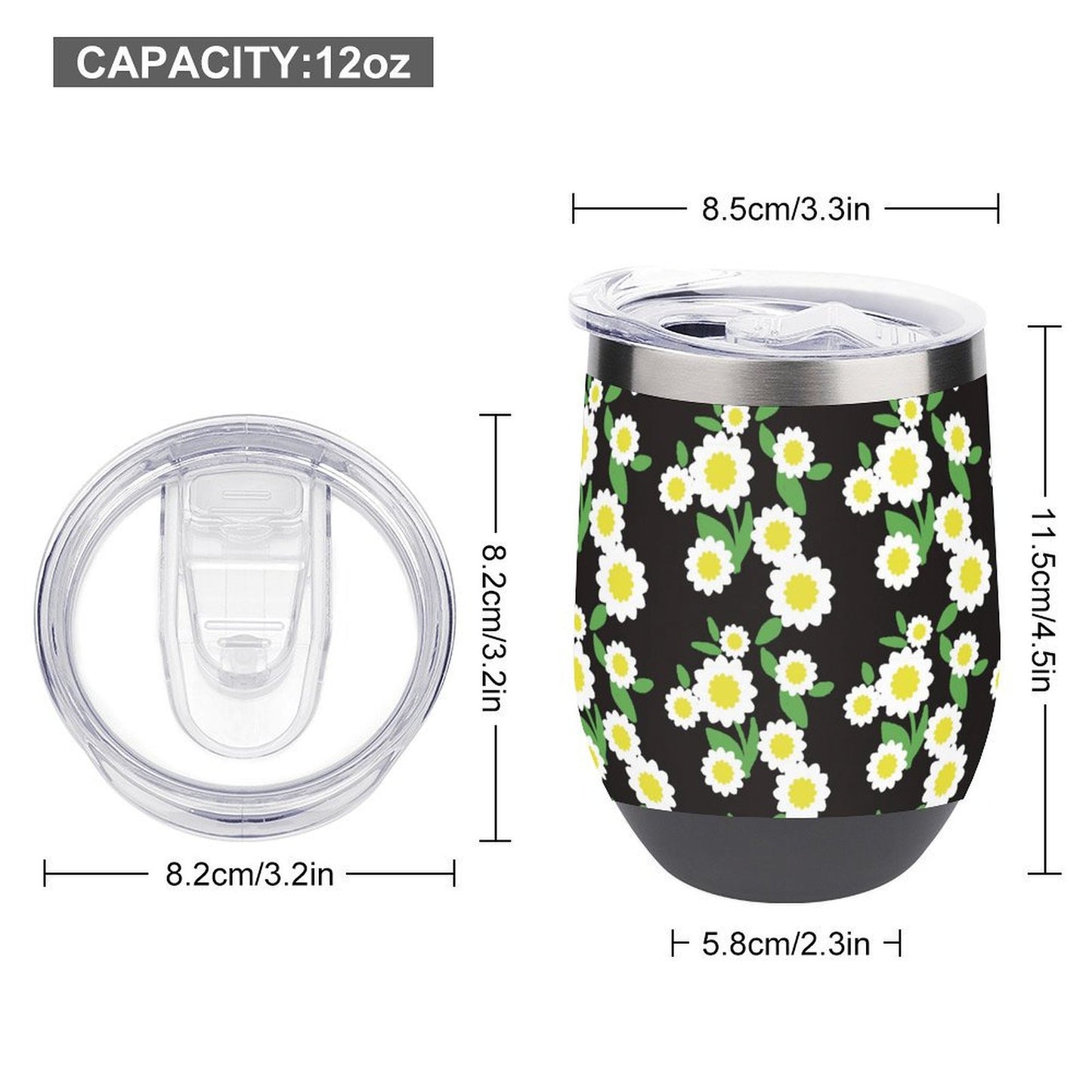 Reusable Insulated Travel Tumbler 12oz size and dimensions with lid.