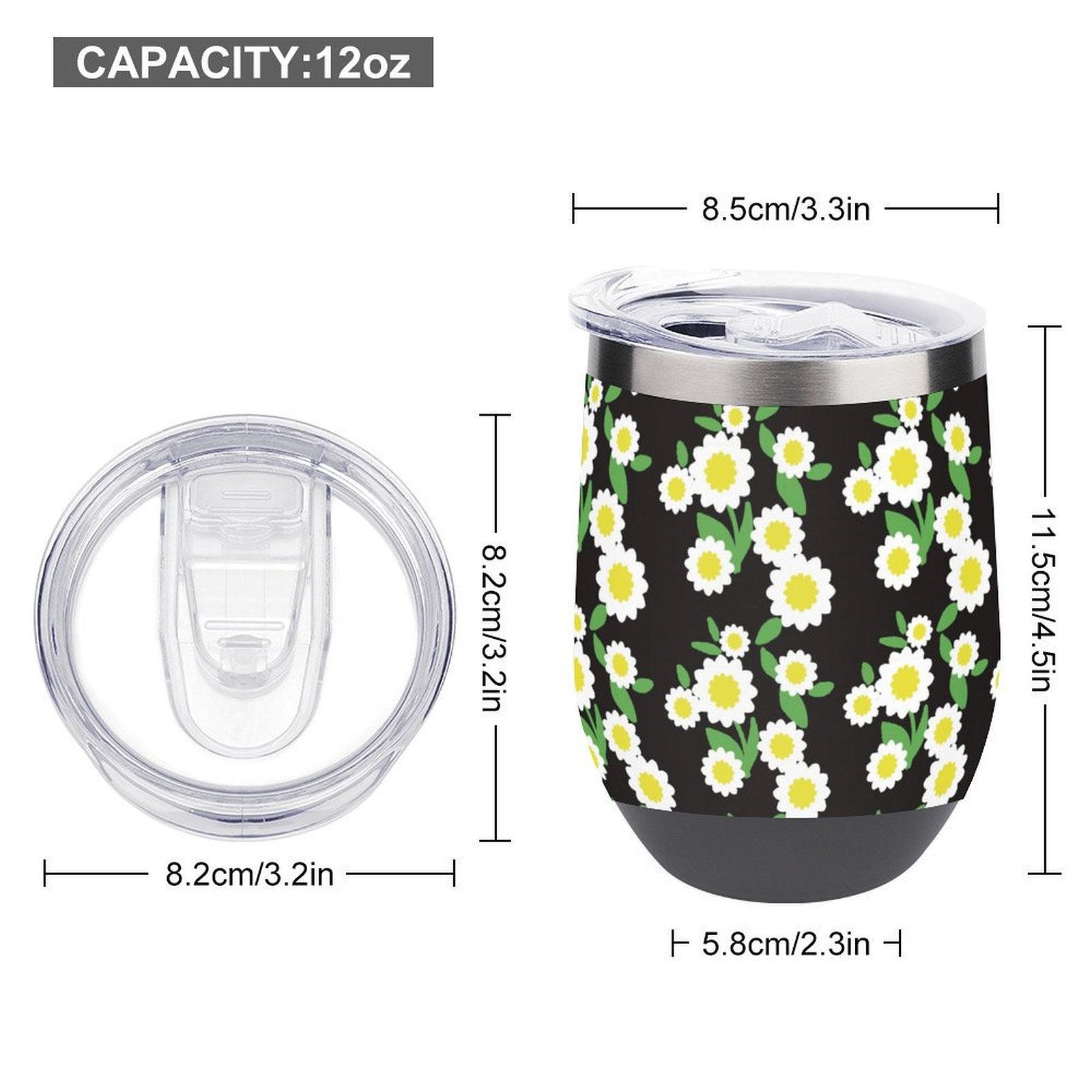 Reusable Insulated Travel Tumbler 12oz size and dimensions with lid.
