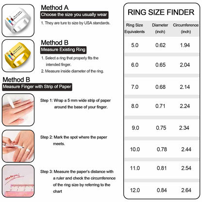 Ring size finder chart. Methods for measuring ring size using paper or existing ring.