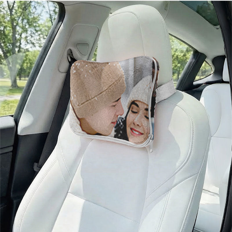 Couple photo memorial pillow used as a car headrest.