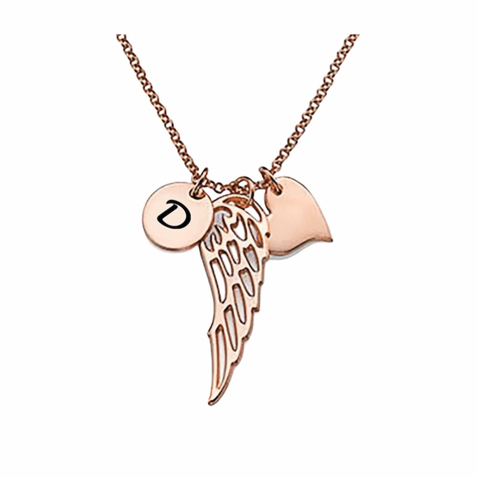 Rose Gold Personalized Angel Wing Initial Necklace.