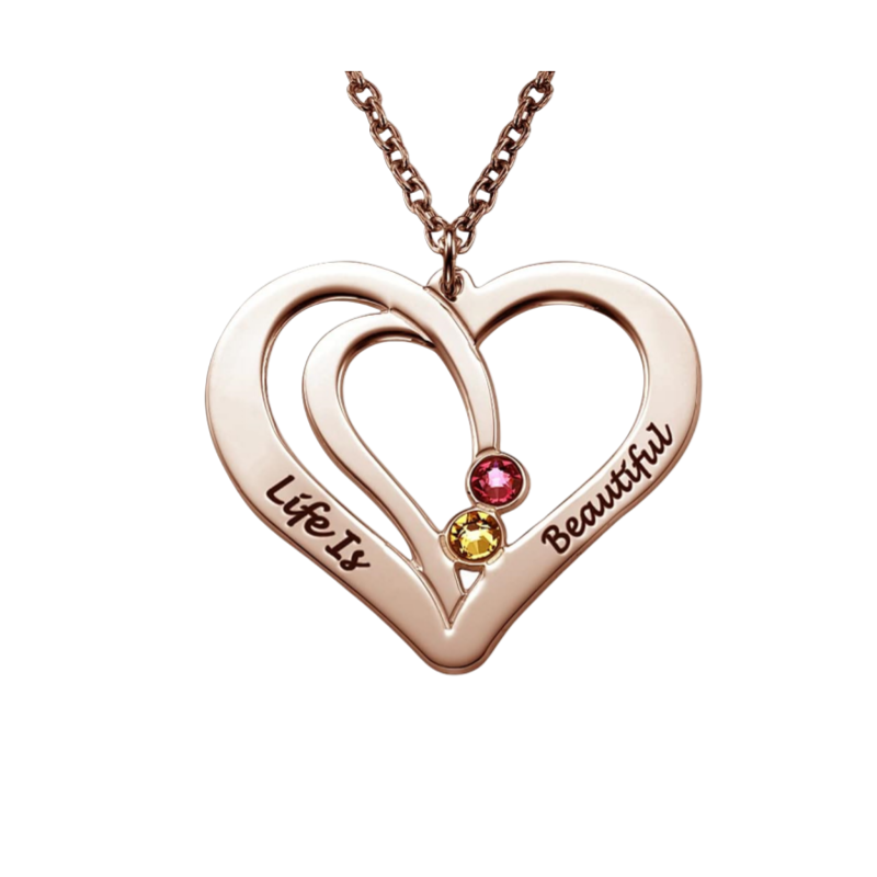 Rose Gold Couple Heart Necklace with 2 Birthstones. Custom message "Life Is Beautiful".