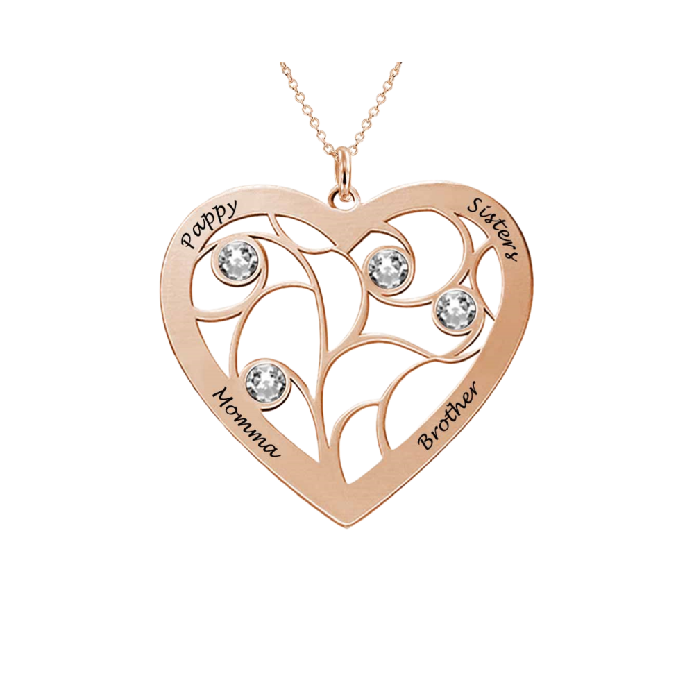 Personalized Heart Family Tree Necklace - Custom Engraved Names & Birthstones for Mom