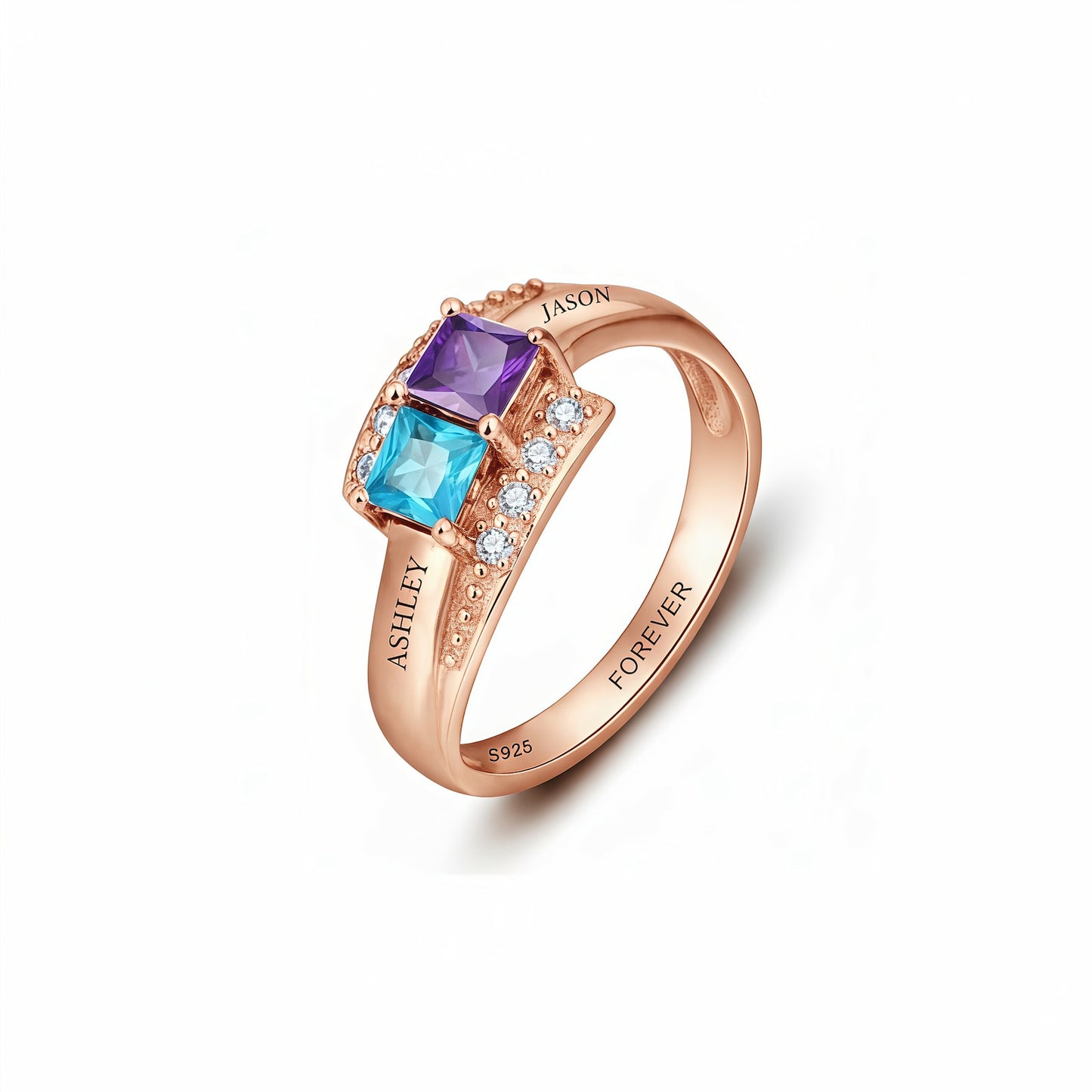 Rose Gold Plated Personalized Promise Ring for Her, Birthstones, S925.
