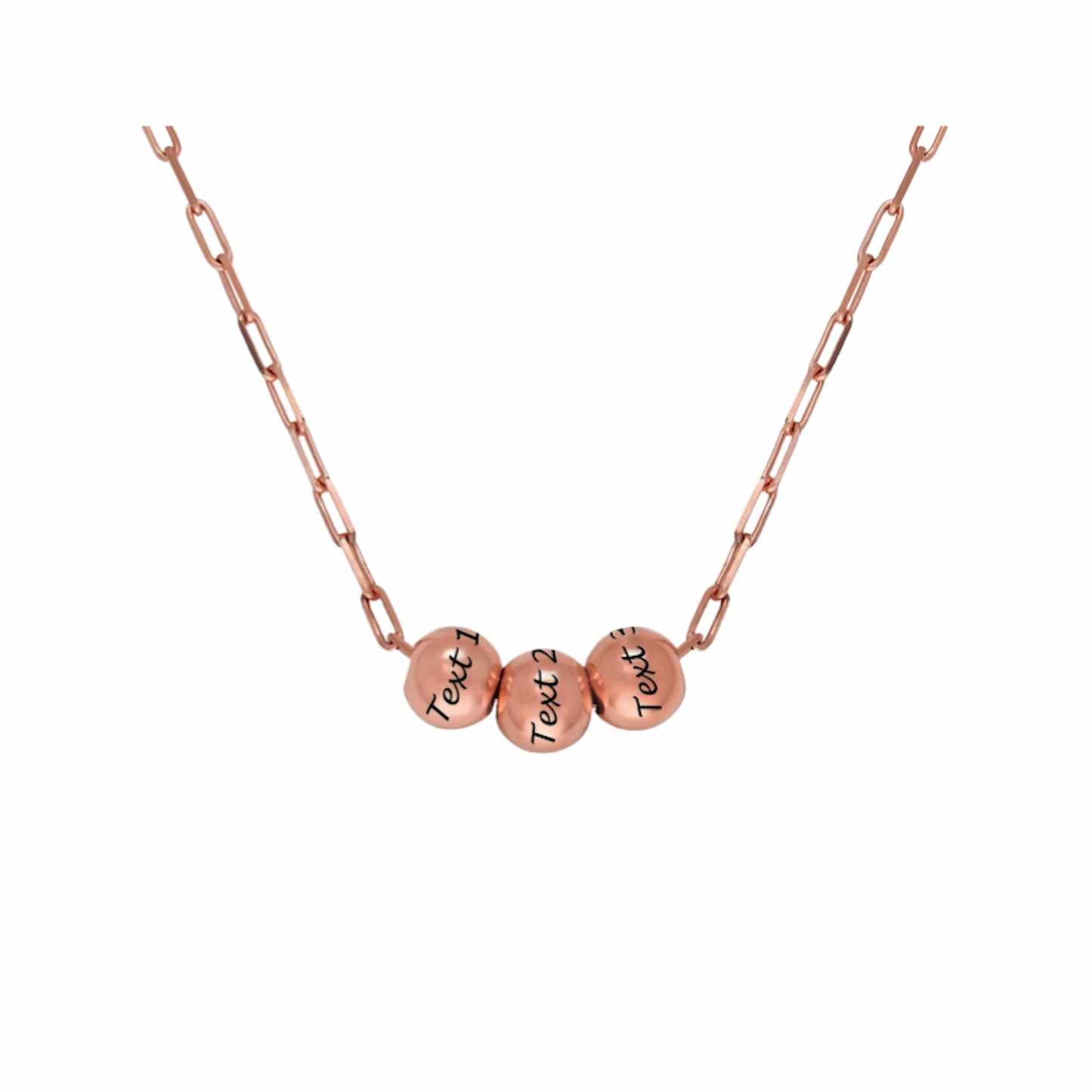 Rose gold custom engraved bead paperclip necklace. Personalized text, minimalist design.