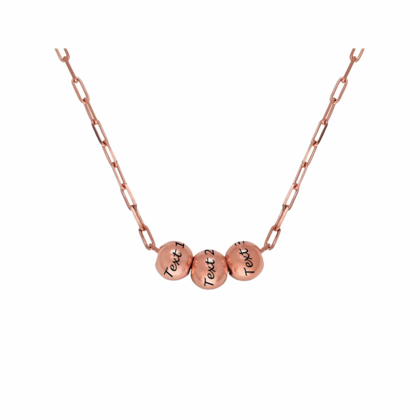 Rose gold custom engraved bead paperclip necklace. Personalized text, minimalist design.