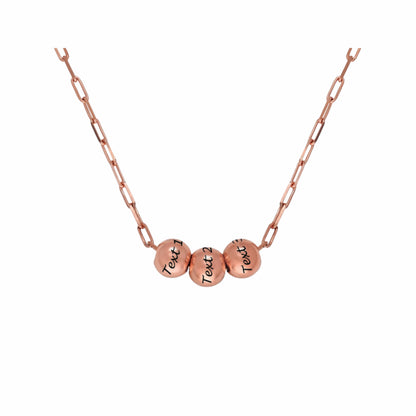 Rose gold custom engraved bead paperclip necklace. Personalized text, minimalist design.