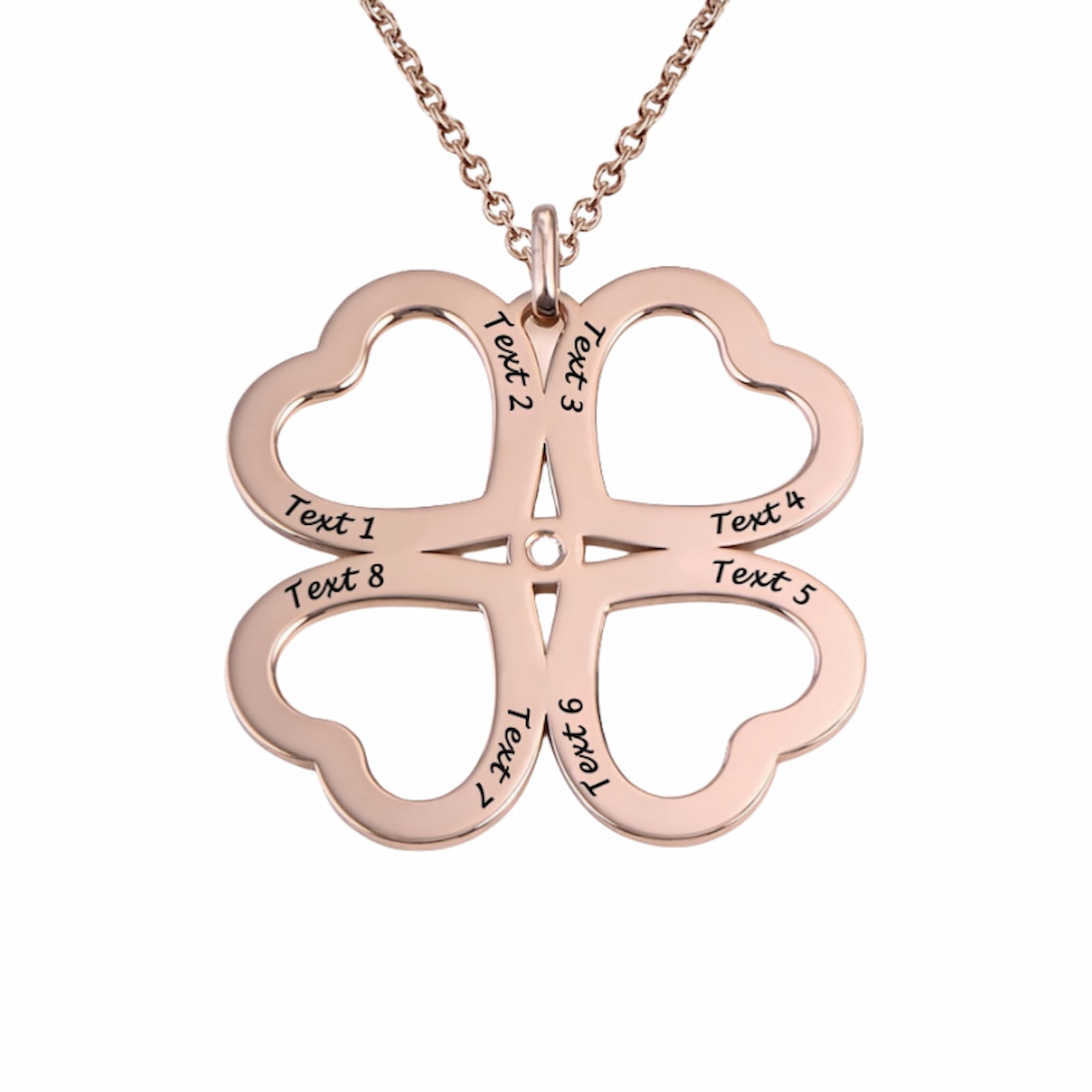 Rose gold custom four heart clover necklace, personalized with multiple engravings.