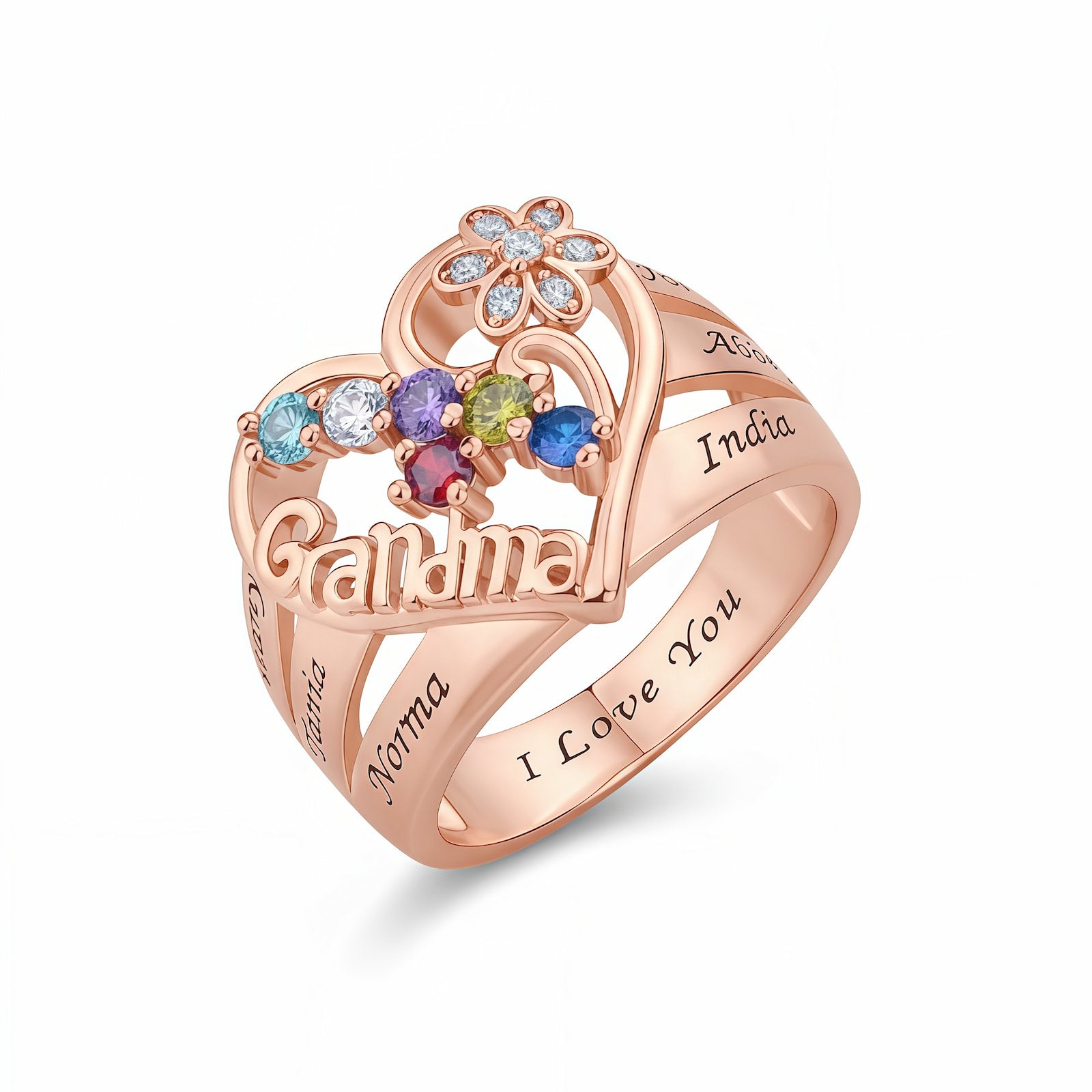 Rose gold custom name ring for grandmothers, personalized 1-8 birthstones.