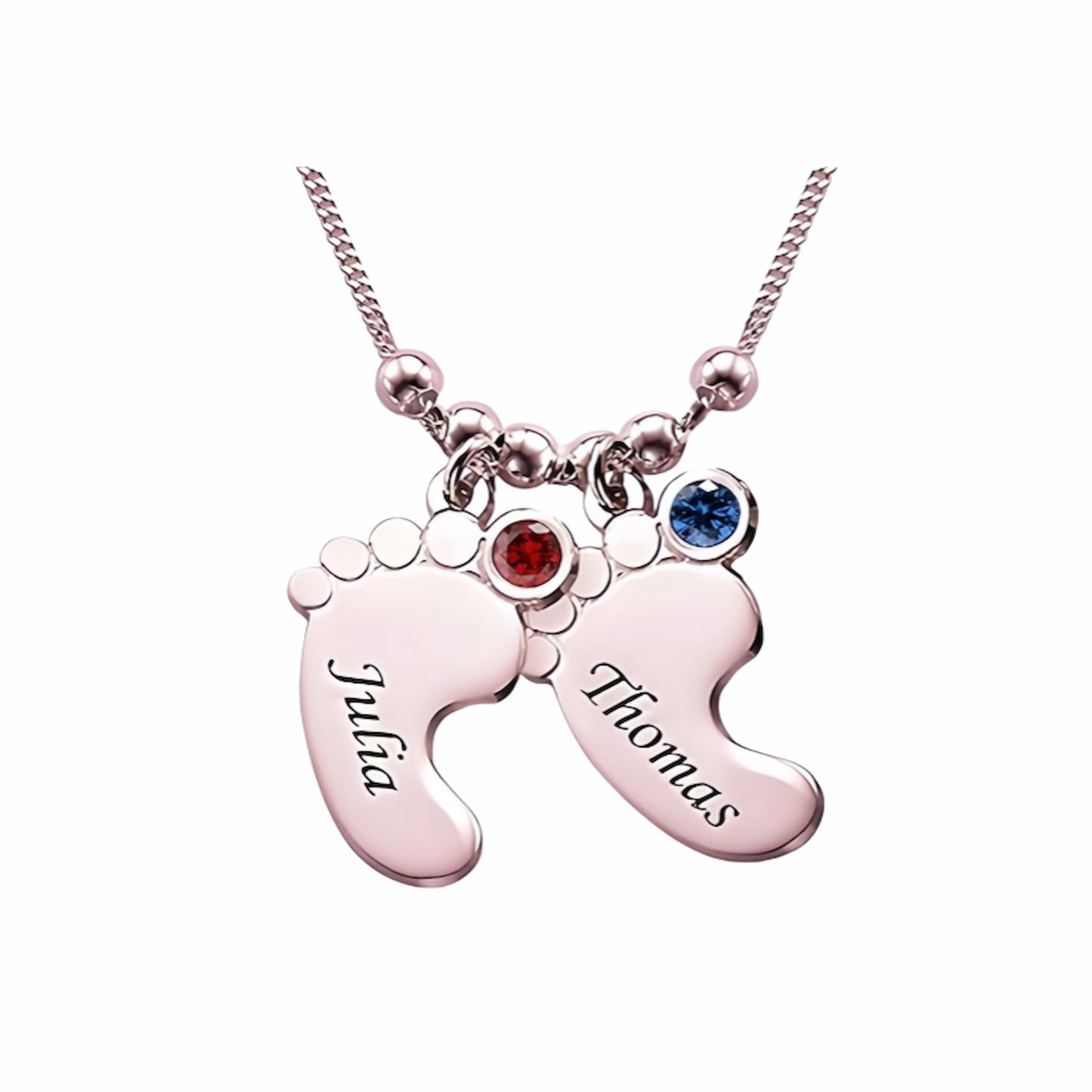 Rose gold engraved 2 baby feet name birthstone necklace.