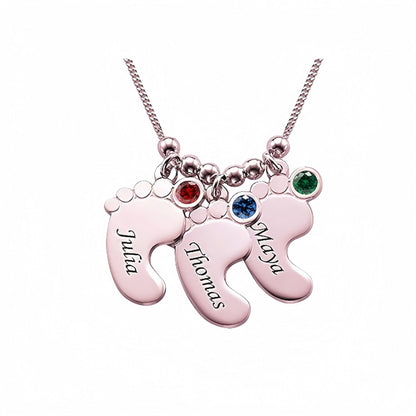 Rose gold engraved 3 baby feet name birthstone necklace.