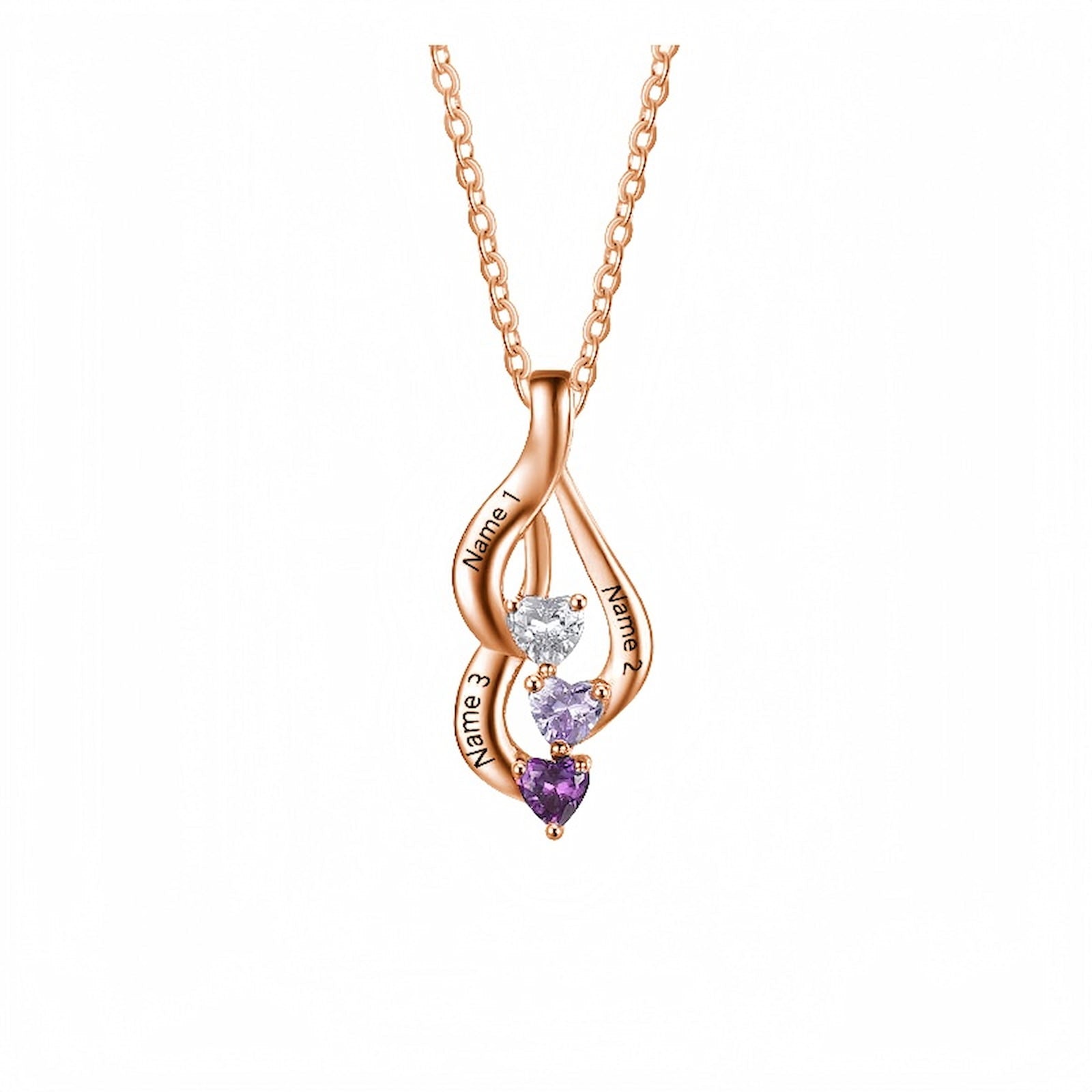 Rose gold engraved family birthstone necklace for Mom, with 3 heart-shaped stones.