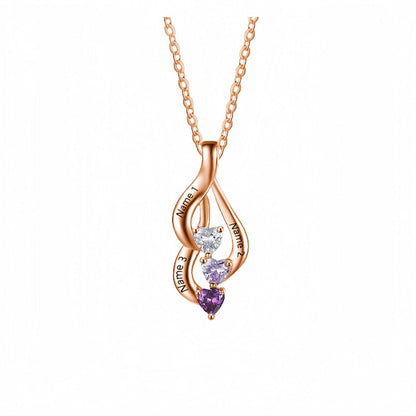 Rose gold engraved family birthstone necklace for Mom, with 3 heart-shaped stones.
