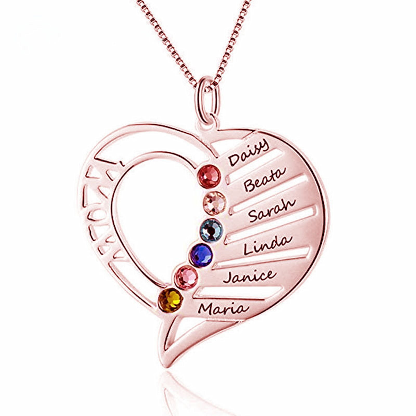 Rose gold engraved Mother heart necklace with 6 names & birthstones (Daisy, Beata, Sarah, Linda, Janice, Maria).