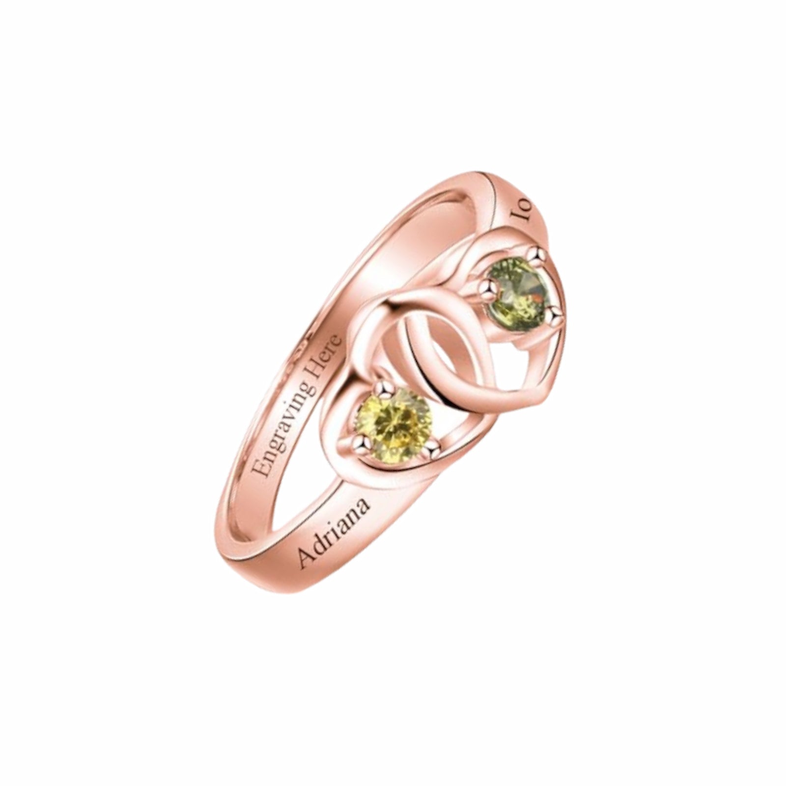 Rose gold engraved promise ring with birthstones for girlfriend, couple jewelry.