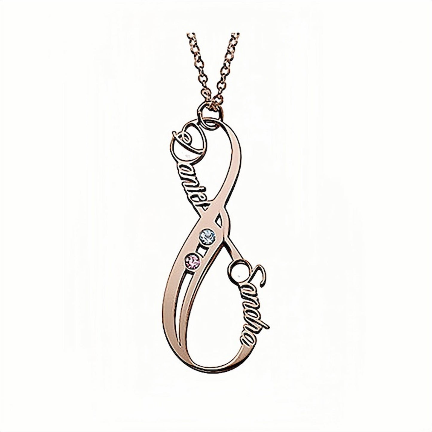 Rose gold engraved vertical infinity nameplate necklace for her.