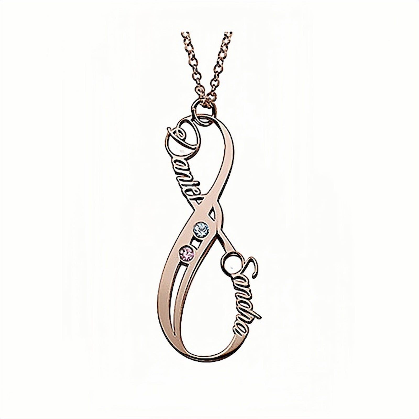 Rose gold engraved vertical infinity nameplate necklace for her.
