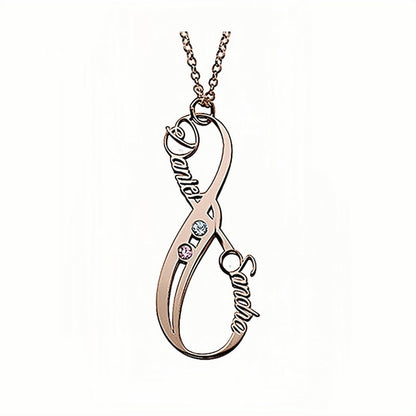 Rose gold engraved vertical infinity nameplate necklace for her.