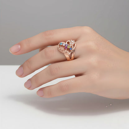 Model wearing personalized rose gold grandma ring with birthstones, perfect gift for grandmothers.