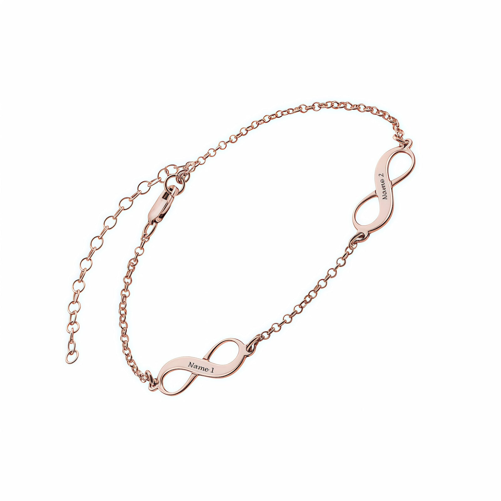 Personalized rose gold 925 sterling silver heart infinity anklet with custom names.