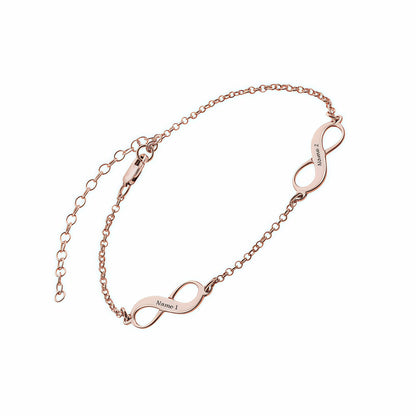 Personalized rose gold 925 sterling silver heart infinity anklet with custom names.