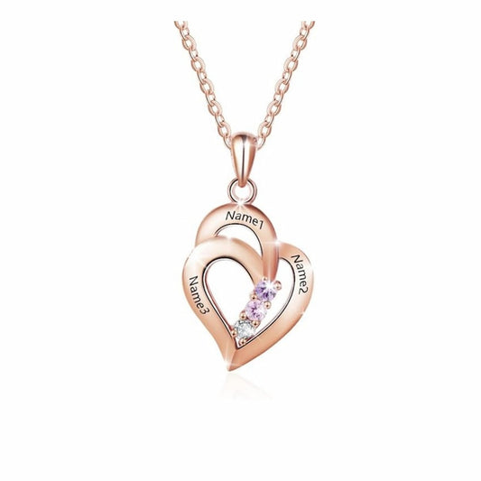 Rose gold Mom & Daughter necklace; custom names and three birthstones.