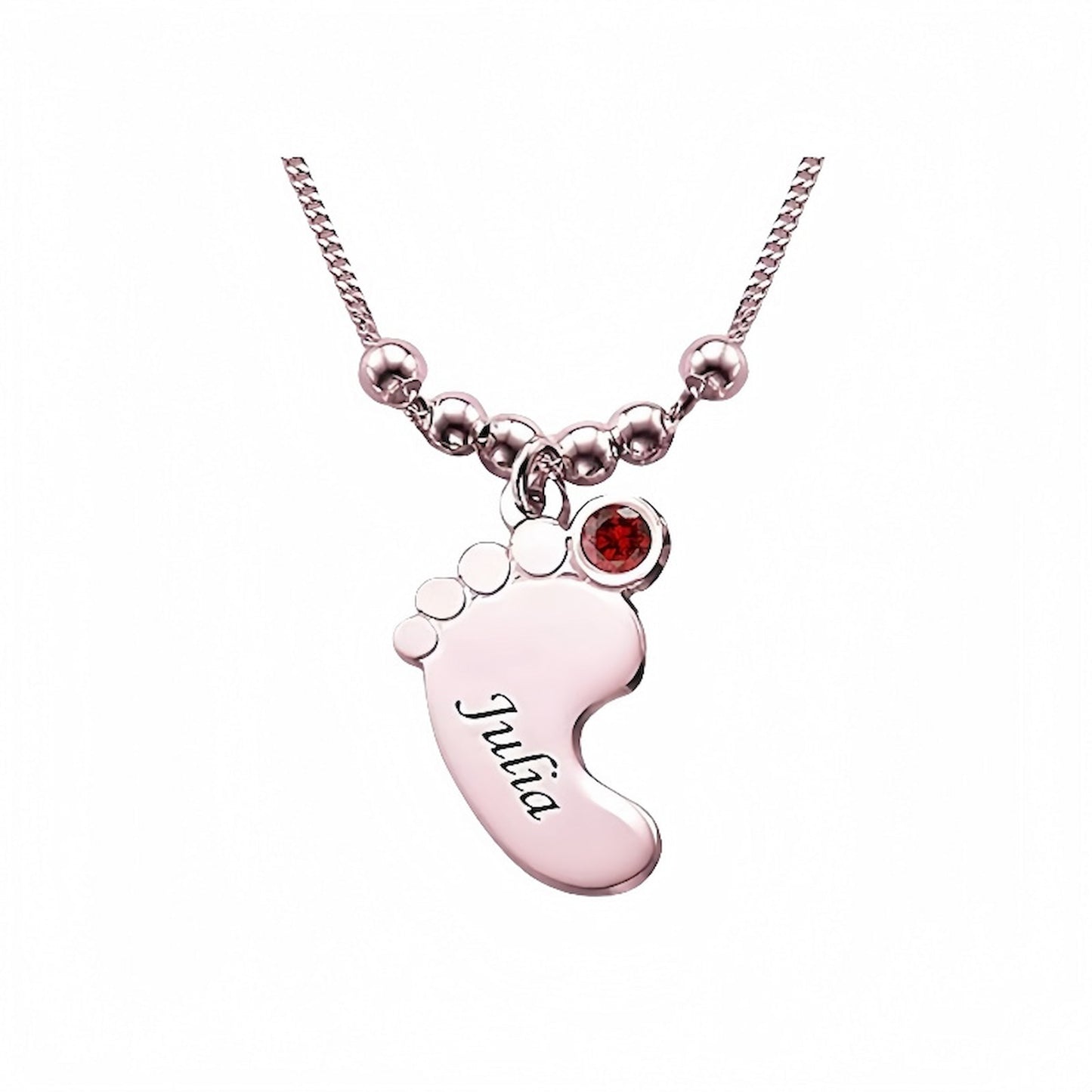 Rose gold personalized baby foot name birthstone jewelry.