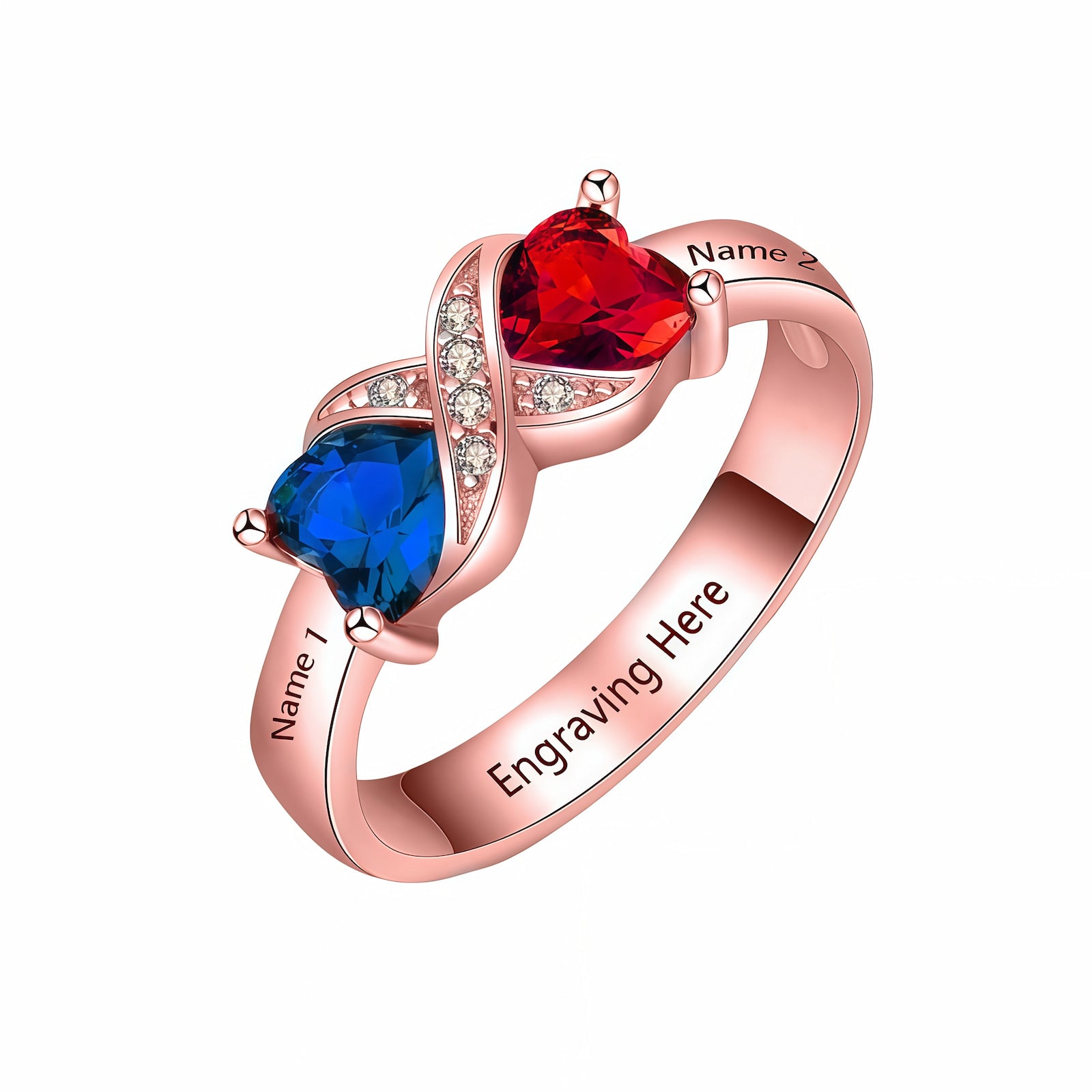 Rose Gold plated couple engagement ring with two heart birthstones.