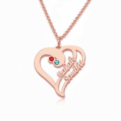 Personalized rose gold double heart name necklace with two birthstones.