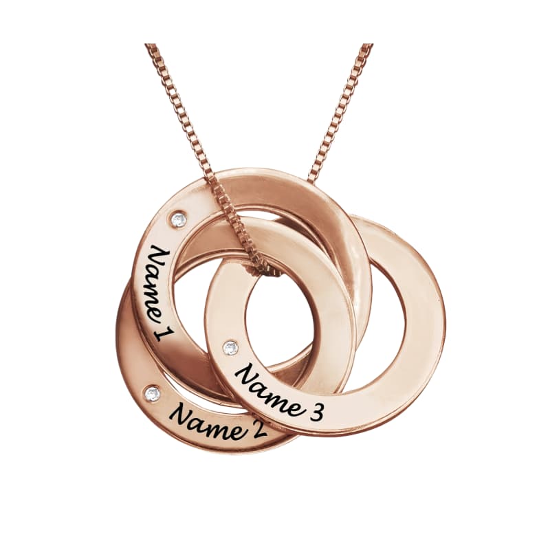Rose gold personalized engraved rings necklace for mom. Custom 3 names on interlocking circles