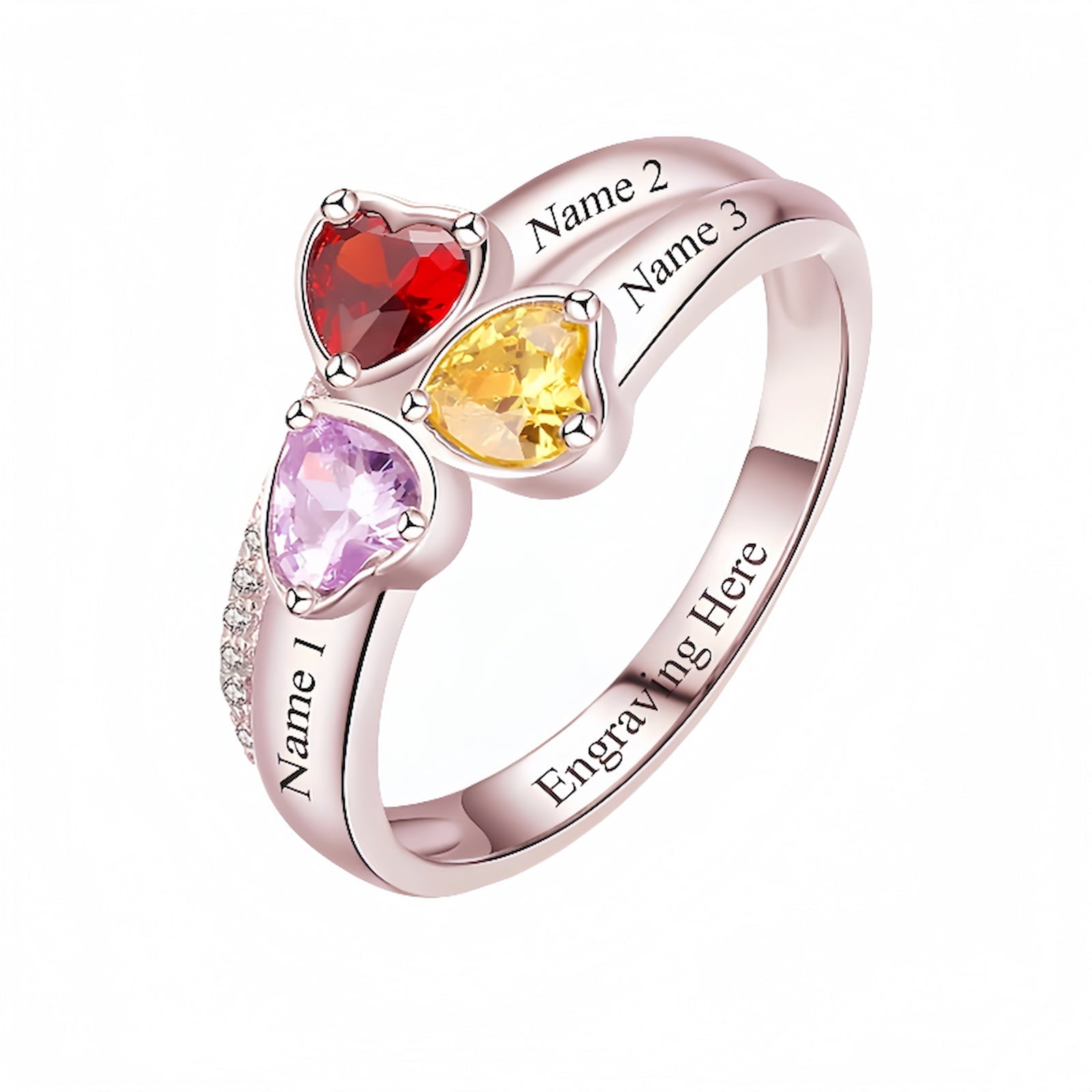 Rose gold personalized family birthstone ring for women, with 3 custom heart stones.