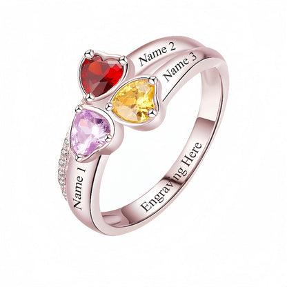 Rose gold personalized family birthstone ring for women, with 3 custom heart stones.