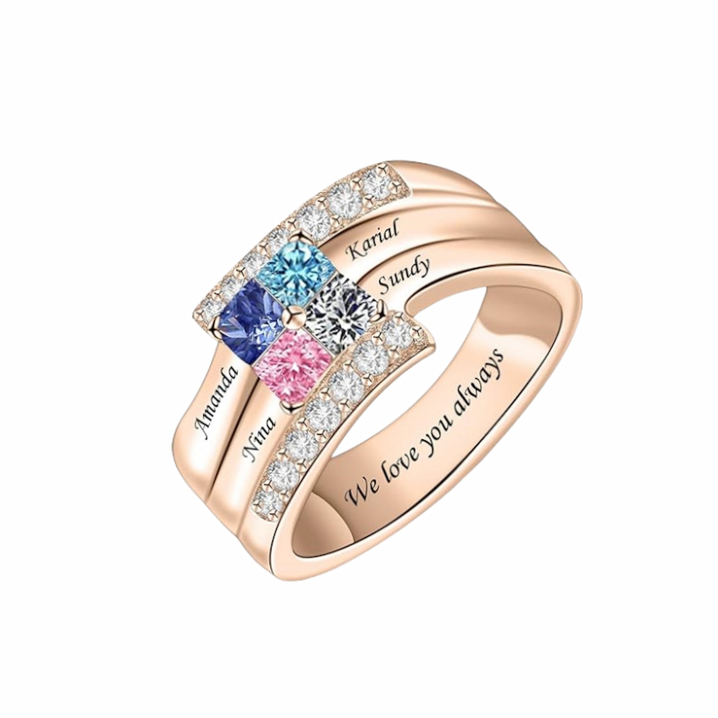 Bague personnalisée avec pierre de naissance familiale - Noms personnalisés et gravure gratuite pour maman et grand-mère