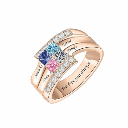 Bague personnalisée avec pierre de naissance familiale - Noms personnalisés et gravure gratuite pour maman et grand-mère