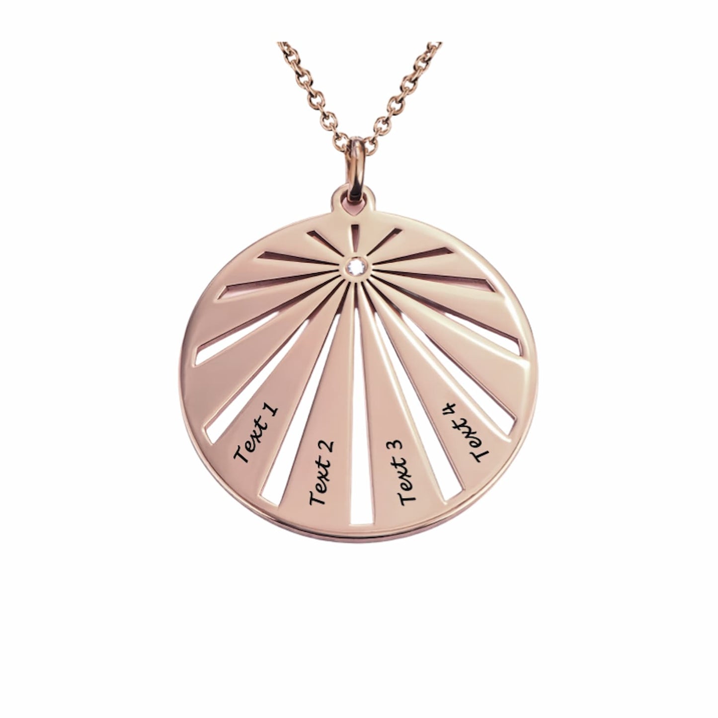 Rose gold personalized circular family pendant, featuring a sunburst design and four custom text engravings.