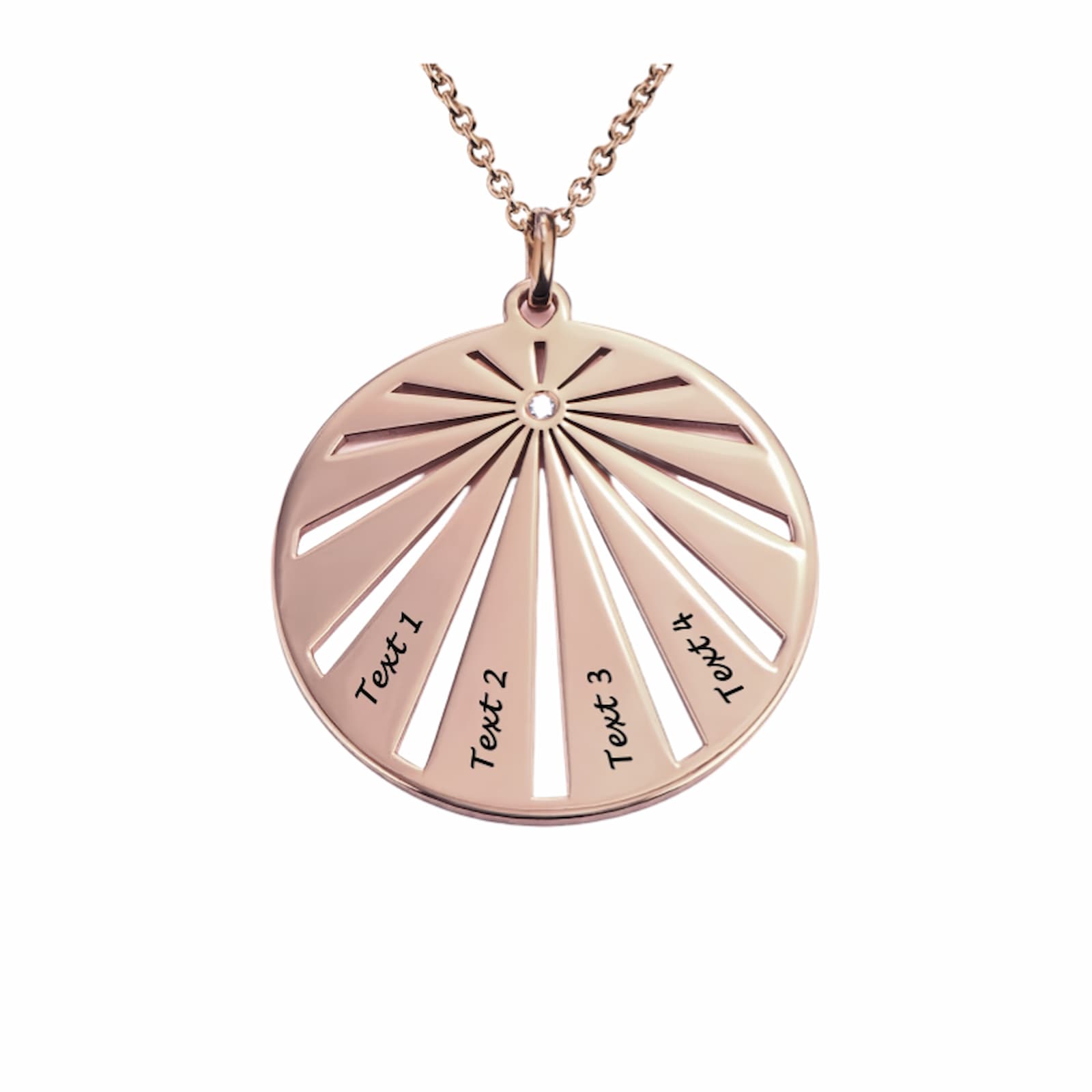 Rose gold personalized circular family pendant, featuring a sunburst design and four custom text engravings.