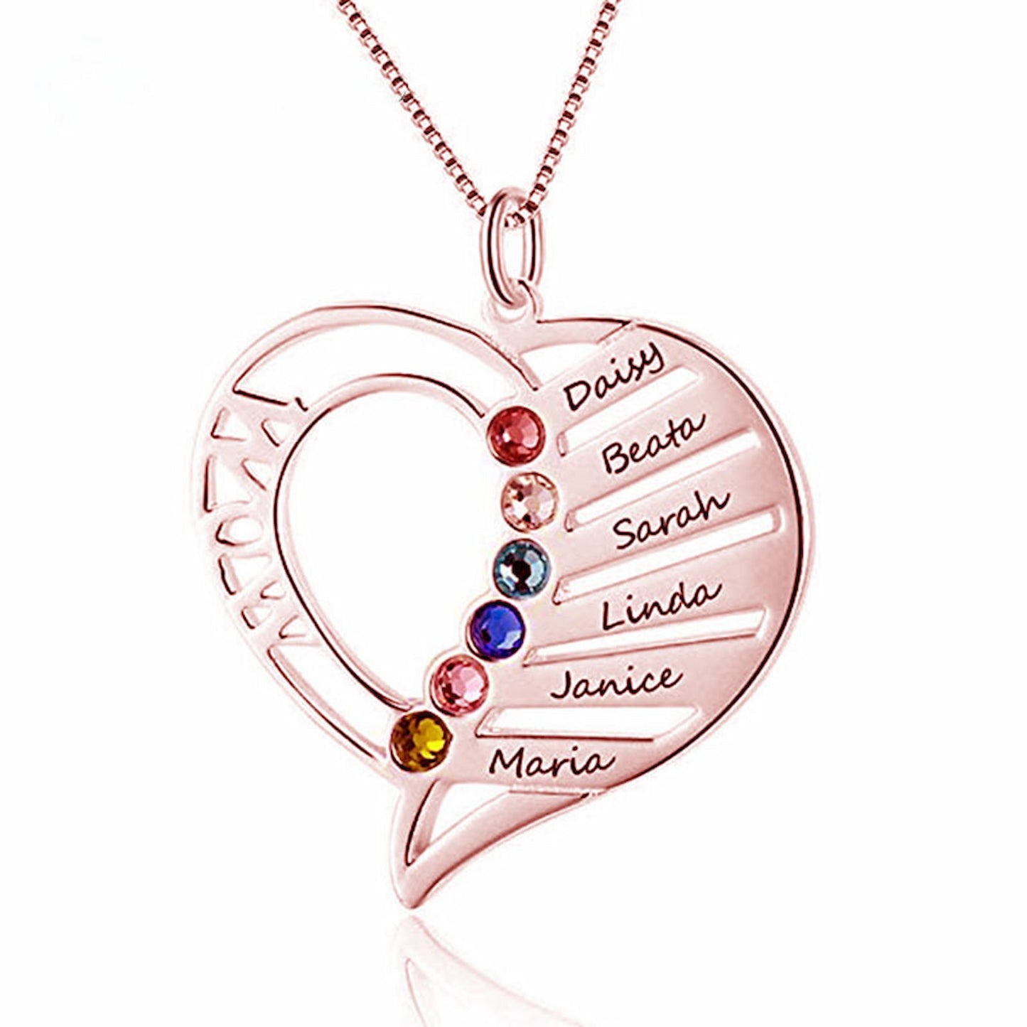 Custom 925 Sterling Silver Heart-Shaped Family Name & Birthstone Pendant Necklace - Personalized Jewelry