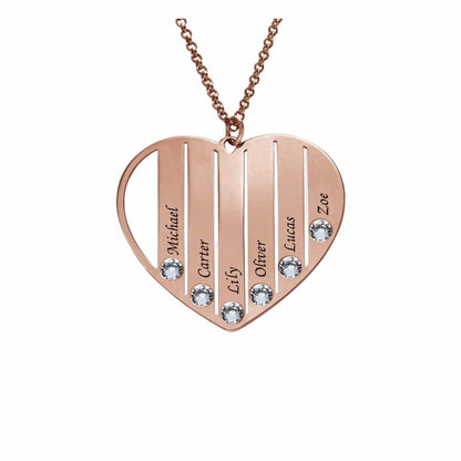 Rose gold personalized heart pendant. Custom engraved 1-6 names with birthstones.