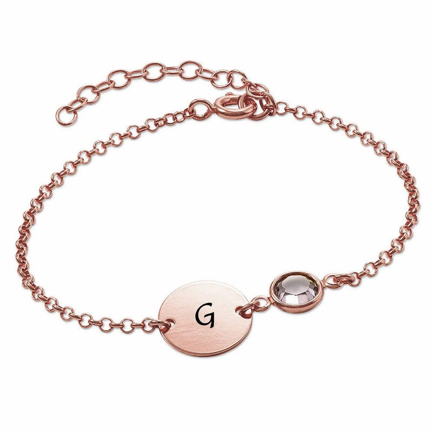Rose gold personalized initial bracelet. Coin disc with letter G, birthstone accent.