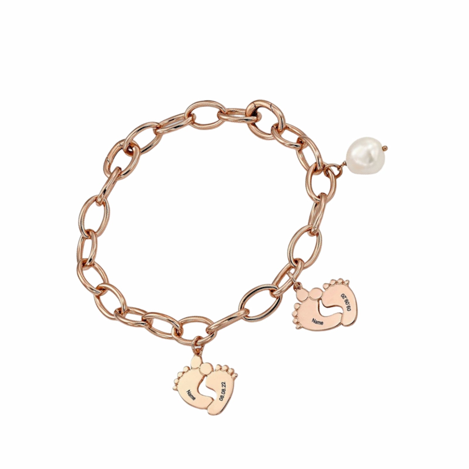 Rose gold personalized Mom Grandma baby feet bracelet. Engraved names, birth dates & pearl.