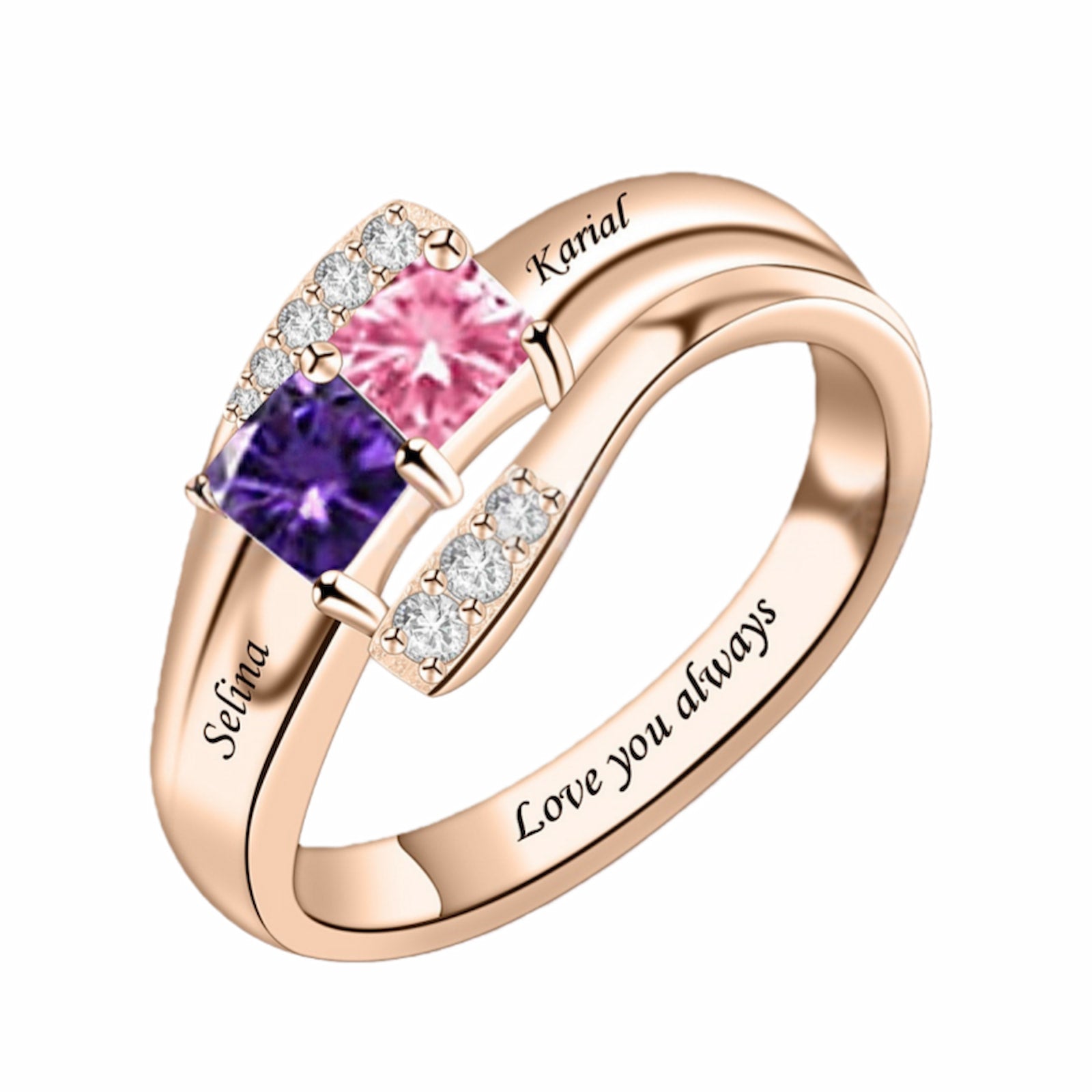 Rose gold personalized mother's ring with 2 custom names&birthstones. 