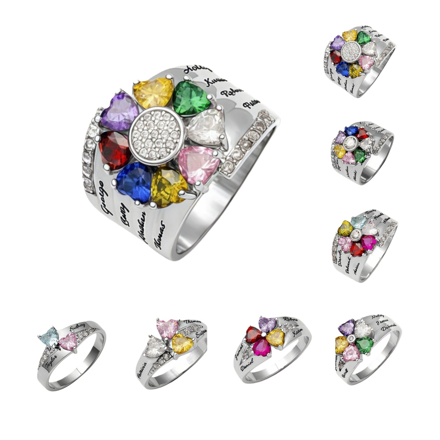 Collection of rose gold personalized mother rings with 2-8 heart birthstones and names.