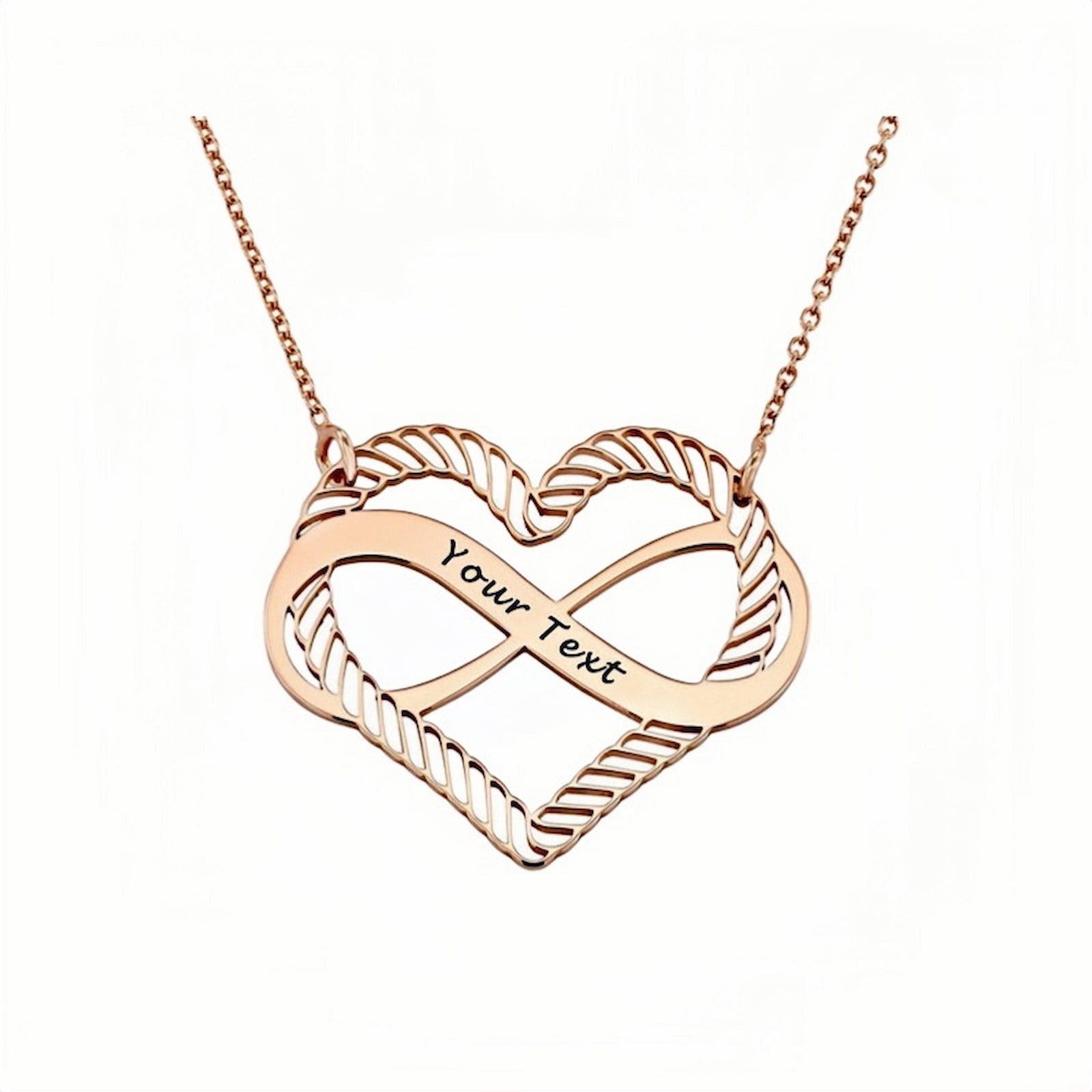 Rose gold personalized mothers necklace with infinity heart design and custom name.