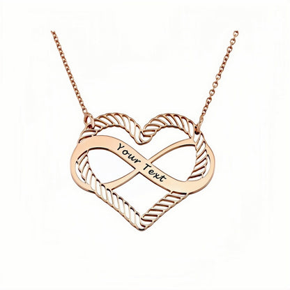 Rose gold personalized mothers necklace with infinity heart design and custom name.