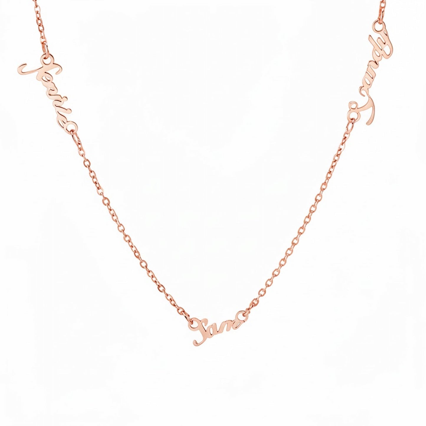 Rose gold-plated personalized multiple name necklace, featuring custom names in a script font. A unique custom jewelry gift for her. 